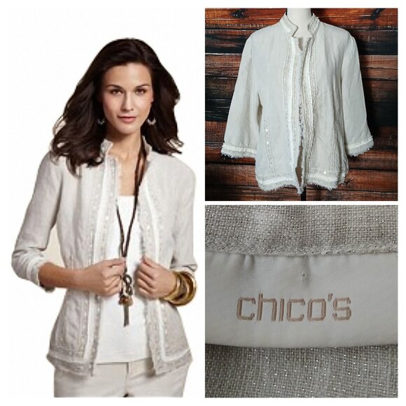 Chicos Linen Jacket Size 3 US 16 Bohemian Fringe Shimmer Open Front 3/4 Sleeve - Picture 1 of 10